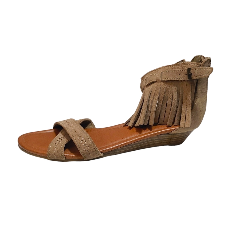 Minnetonka Tan Brown Suede Ankle Fringe Wedge Sandal Women's Size 7